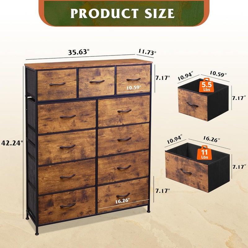Wlive Storage Organizer Unit with 11 Fabric Bins, Storage Drawers Organizer with Steel Frame, Tall Storage Tower Organizaton for Living Room, Hallway, Office, Rustic Brown - Image 3